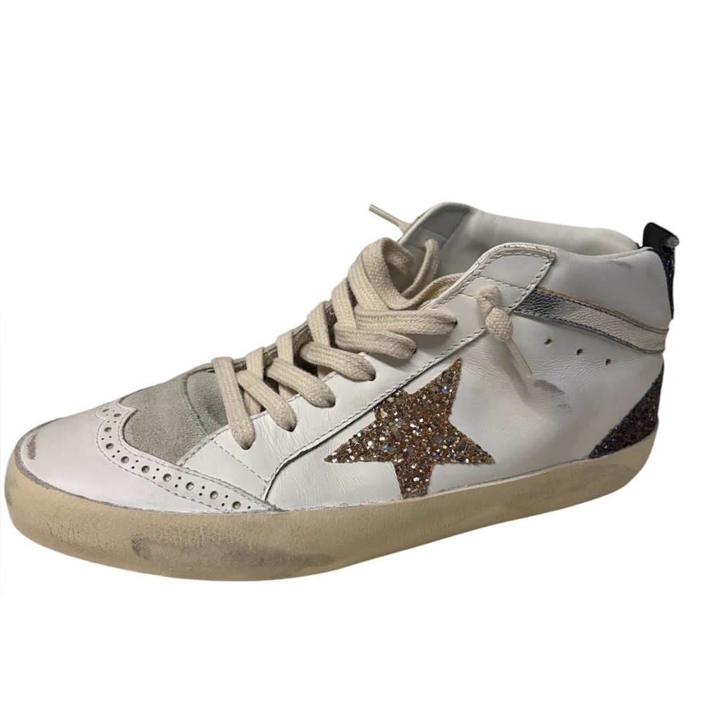 Golden Goose Mid Star White Sneakers with Gold Star and Dark Brown Glitter Heel - Picture 7 of 16